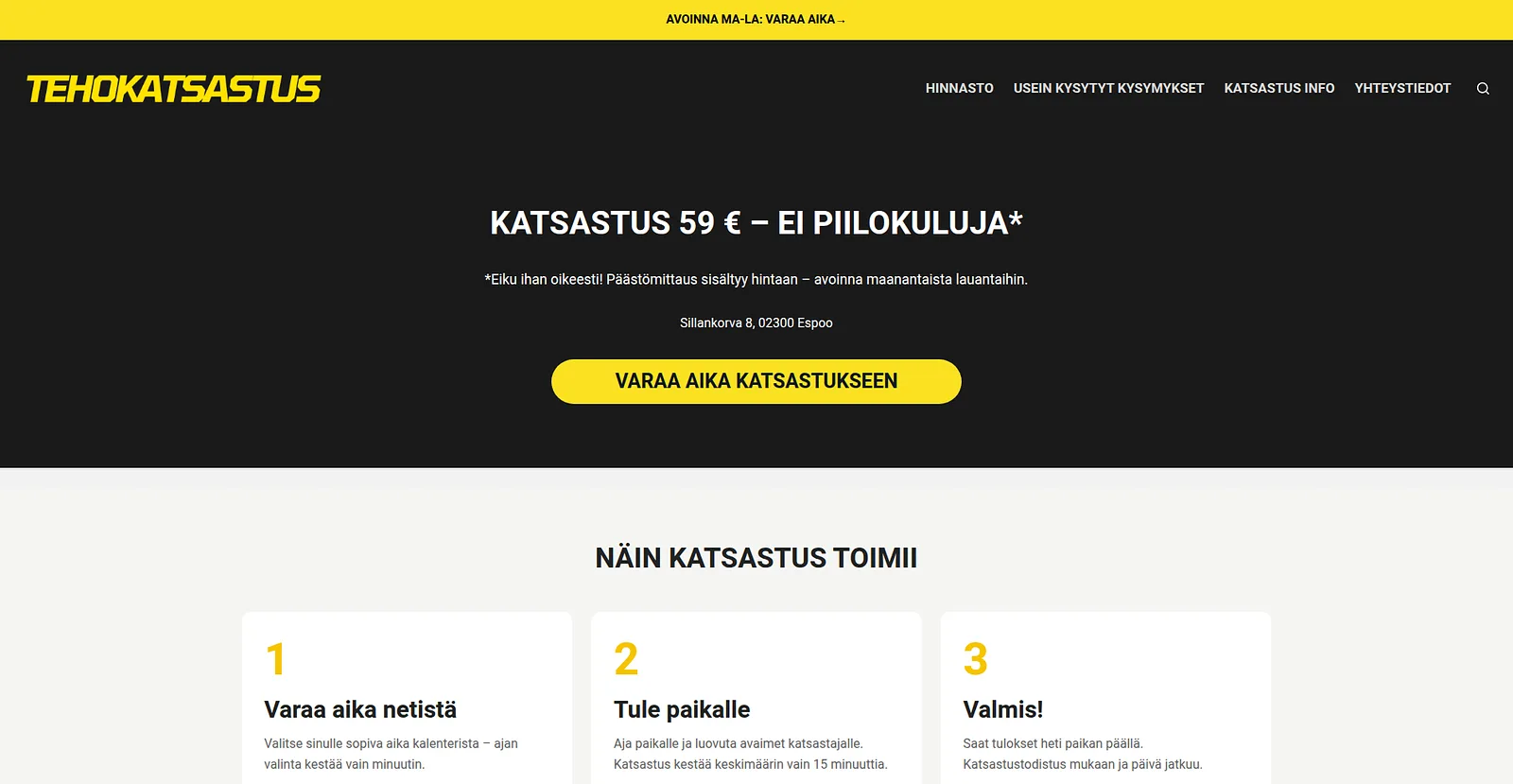Tehokatsastus front page advertising €59 all inclusive price and no hidden costs